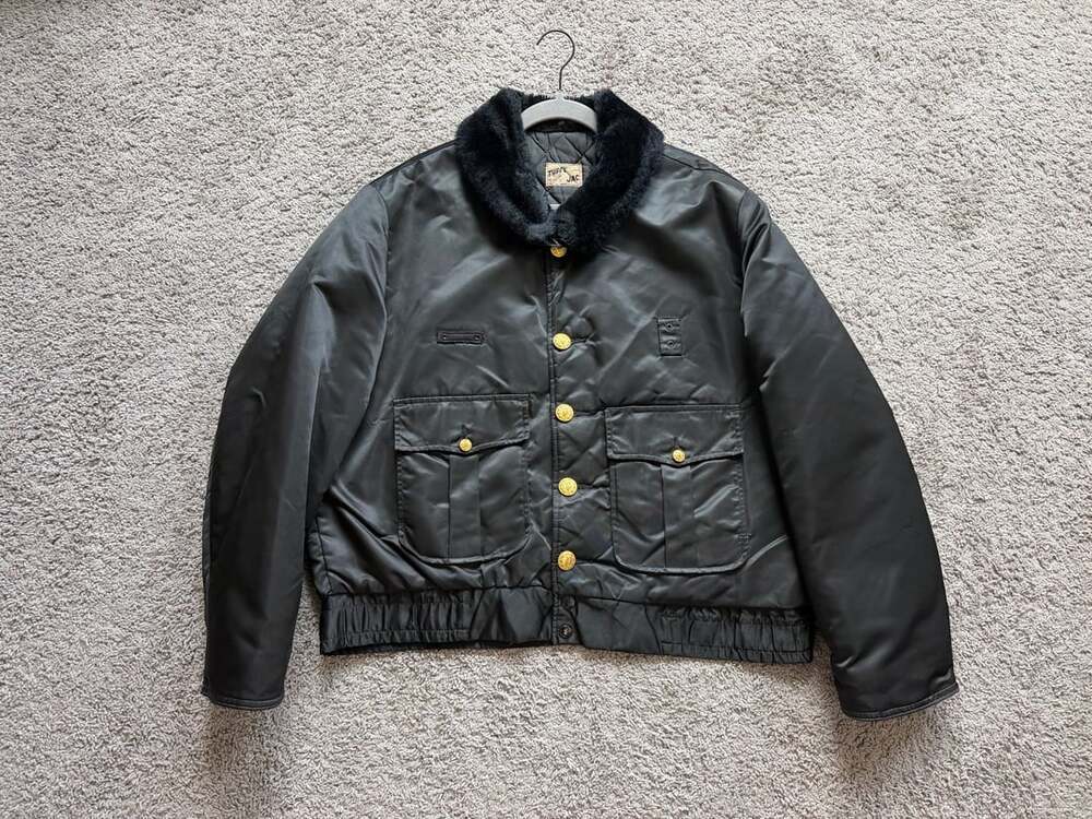 Vintage Tuffy Jac Horace Small Police Bomber Jacket Black Satin Faux Fur Collar